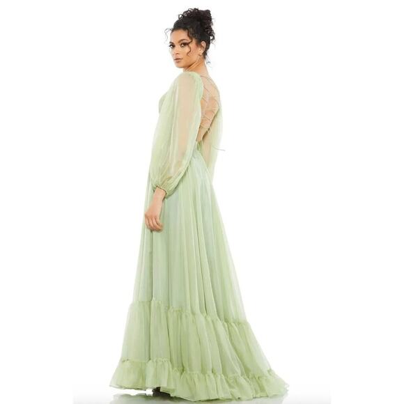 NEW Mac Duggal 67948 Pleated Cut Out Long Sleeve Lace Up Ethereal Sage Gown 8 - Picture 5 of 8